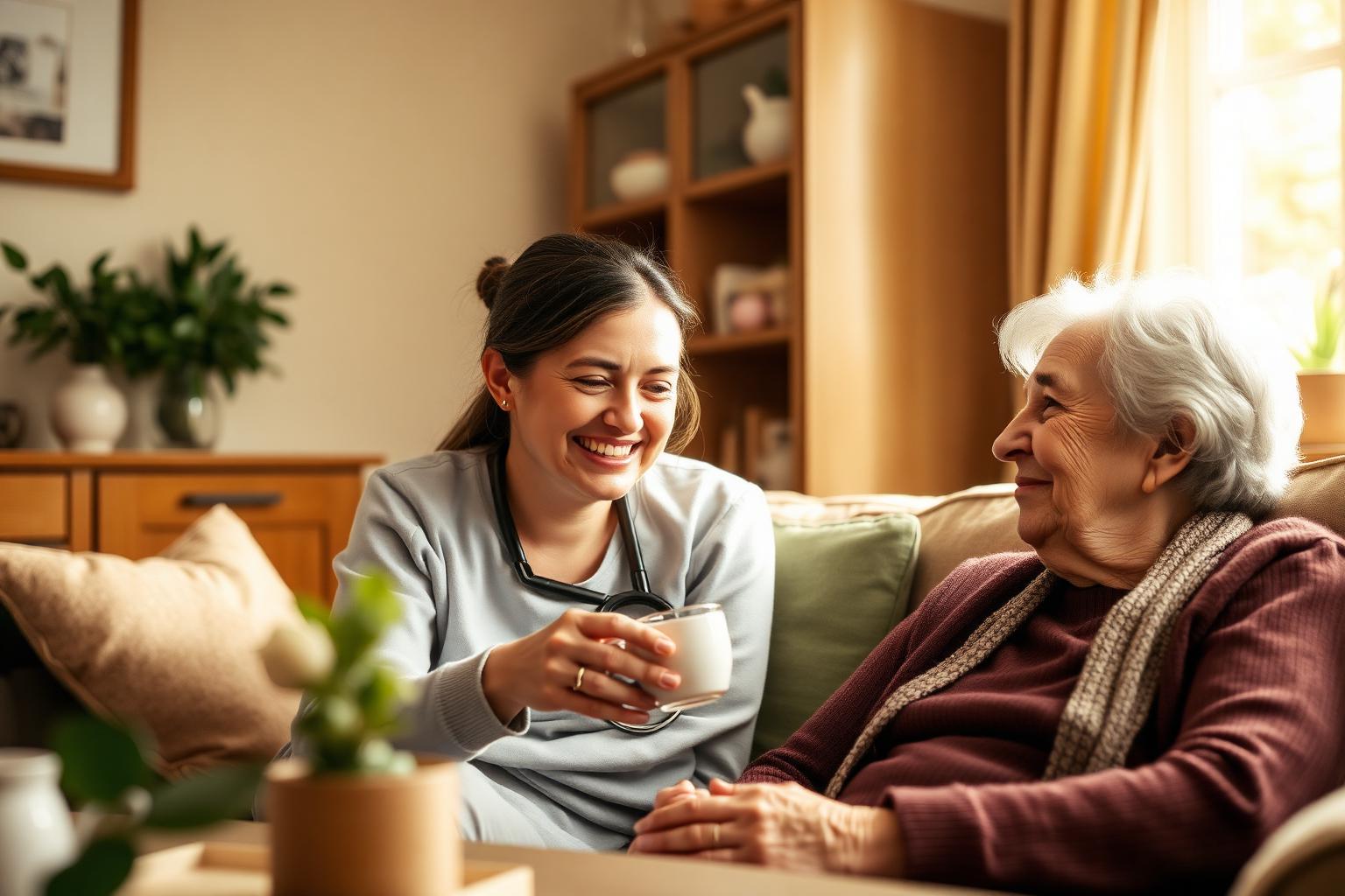 Caregiver and elderly woman sharing tea at home